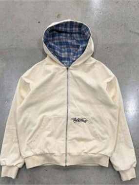 Cream Zip-Up Hooded Jacket with Blue Plaid Lined Hood
